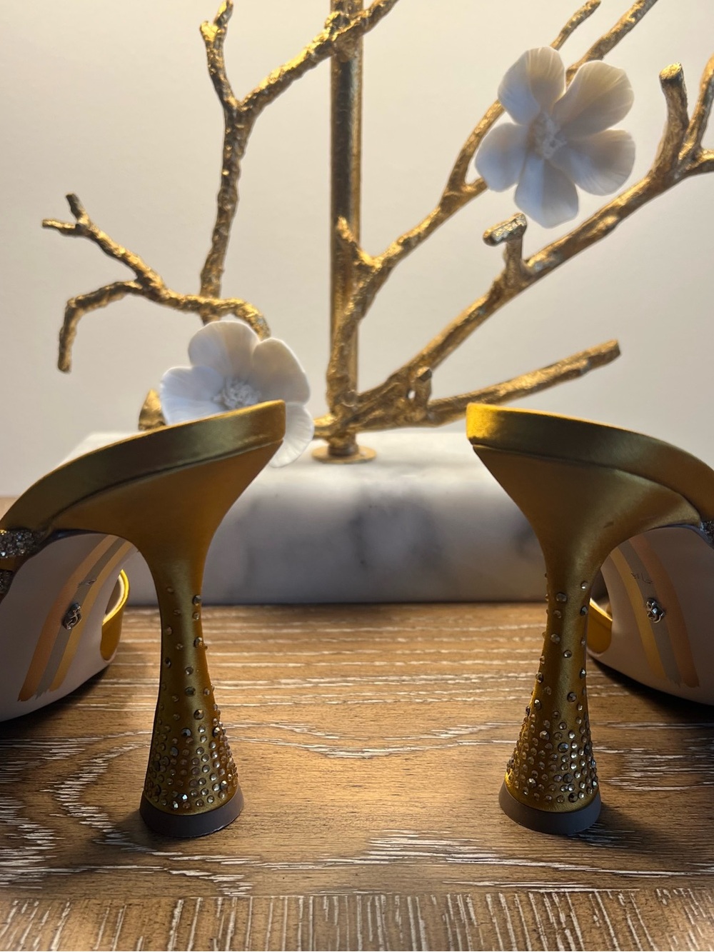 Sam Edelman Mustard Gold Satin Pointed-Toe Mules with Embellished Strap - Picture 3 of 9